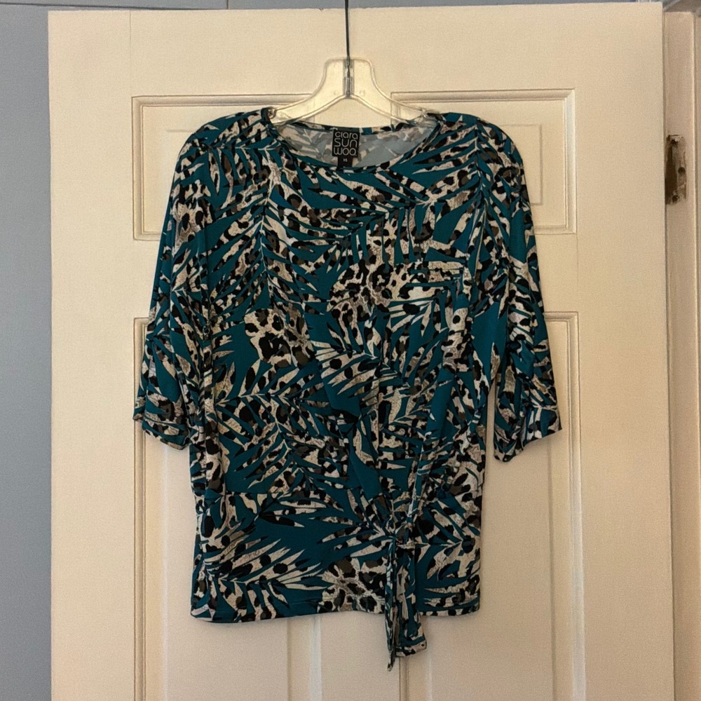 Clara Sunwoo Green Leopard Palm Print Side Tie Top XS Tropical Animal Print Work